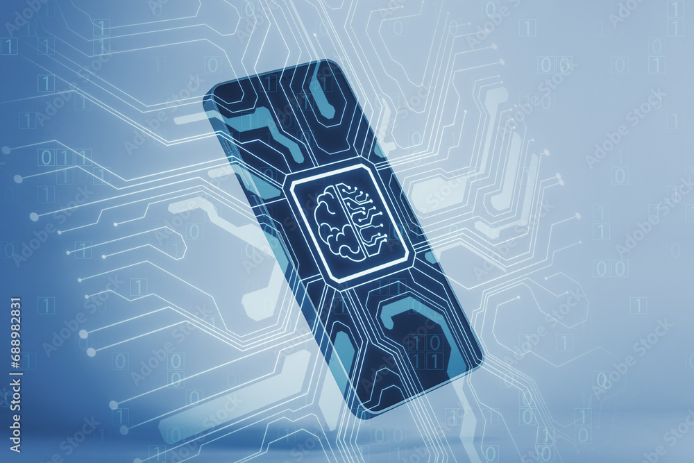 Aufkleber Close up of smartphone with abstract brain and binary code circuit on blurry background. Chip, data, ai, and future concept. 3D Rendering.