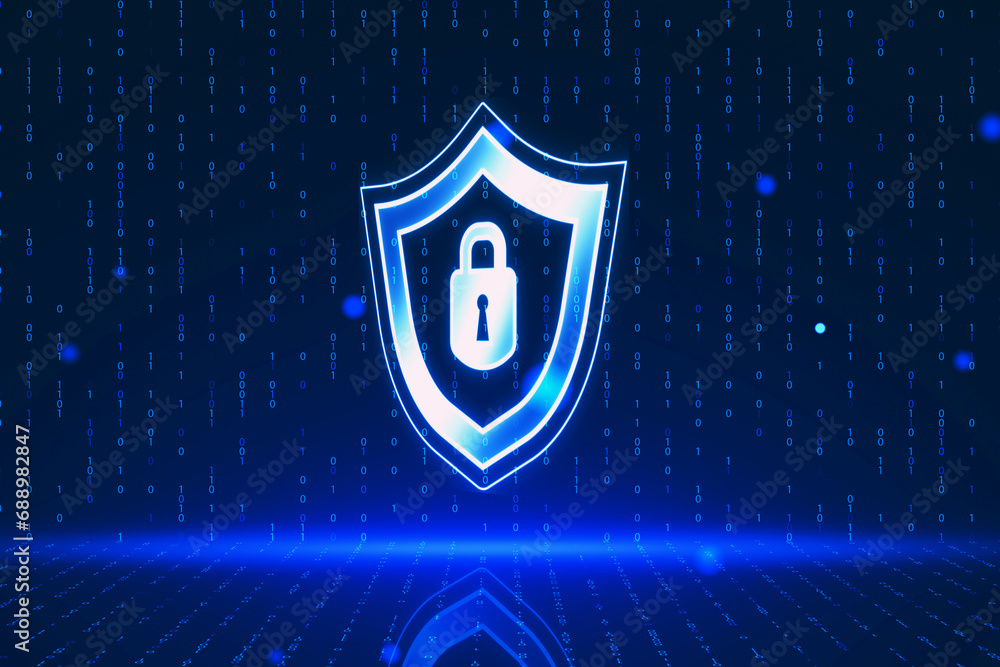 Poster Creative digital security padlock and shield hologram on blurry blue binary code backdrop. Secure, safety and identification concept. 3D Rendering.