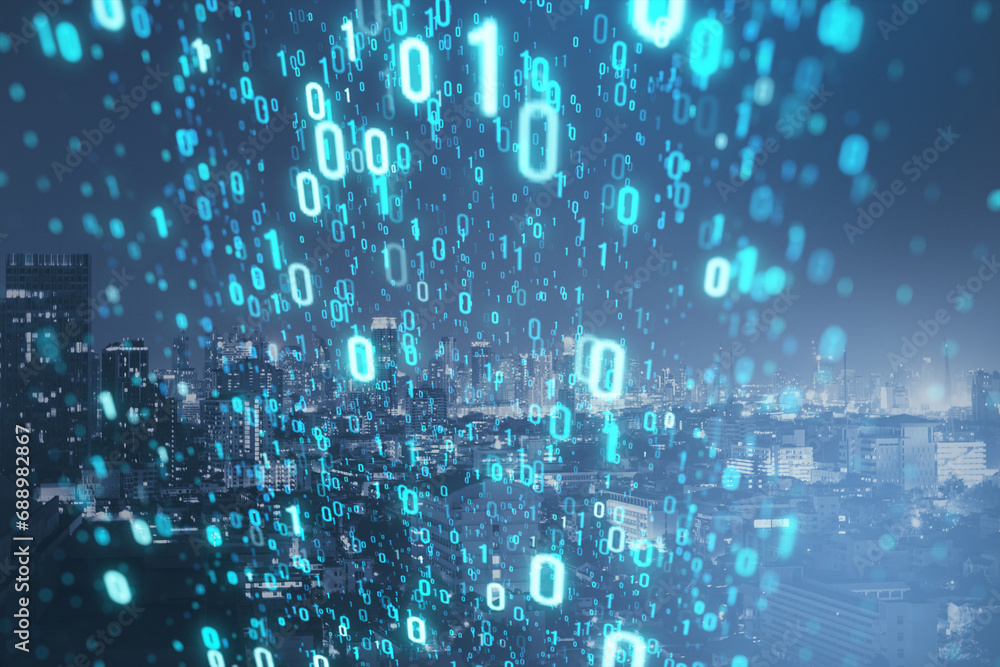 Poster Creative binary coding on blurry night city texture. Matrix and security concept. Double exposure.