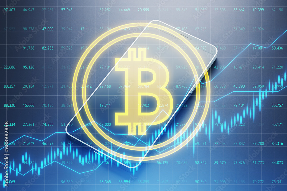 Poster close up of smartphone with creative bitcoin button, grid, index and candlestick hologram on blurry 