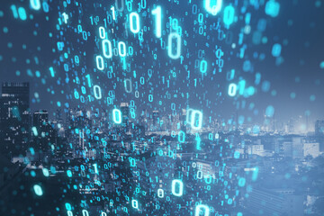 Creative binary coding on blurry night city texture. Matrix and security concept. Double exposure.