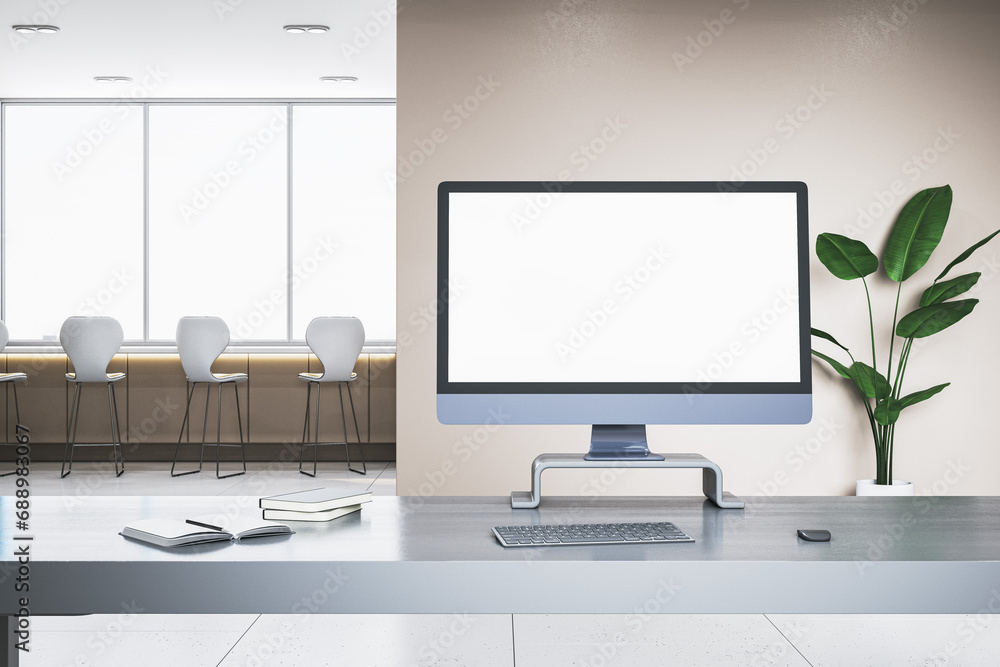 Poster Close up of empty white computer screen on wooden office desk. Window with city view and stools in the background. Mock up, 3D Rendering.