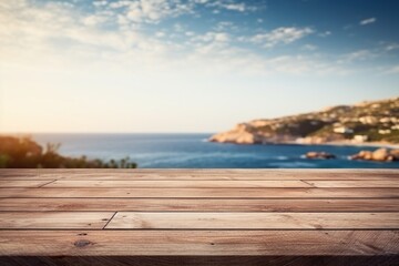 Obraz premium Wooden table foreground with ocean view and cliffs under a sunny sky during evening hours