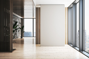 Modern office interior with bookshelf, wooden flooring, window with city view, daylight and blank mock up place on wall. 3D Rendering.