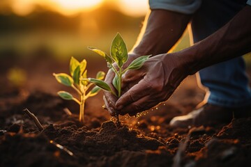 Fototapeta premium Senior man planting seedling on blurred countryside and sunlight background. Generative AI