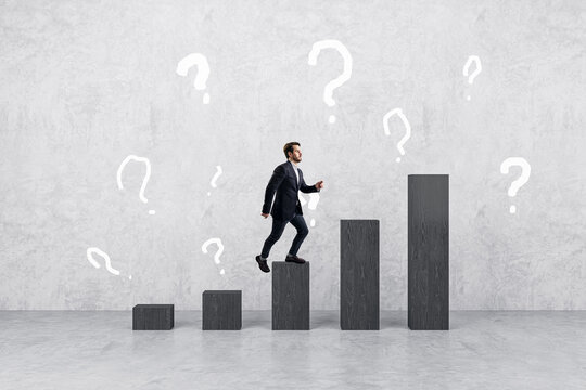 Businessman climbing abstract blocks with question marks, decision making concept