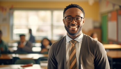 Obraz premium A friendly teacher smiles in a colorful classroom full of engaged students during a bright school day