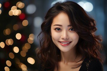 Fototapeta premium Happy Japanese Woman on a Light Background in the Christmas Spirit