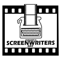 National Screenwriters Day event banner. Icon of a typewriter with film tape and bold text on white background to commemorate on January 5