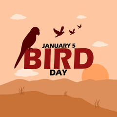 National Bird Day event banner. Bold text with icons of birds perching and flying above the mountains at sunrise to commemorate on January 5