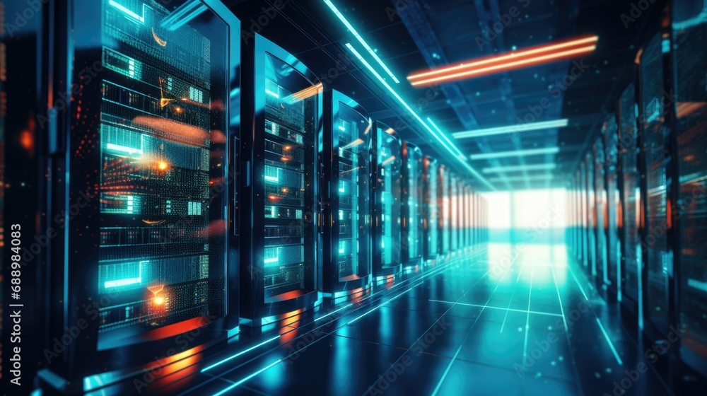 Poster futuristic data center corridor with glowing servers illuminating the dark space in a technologicall