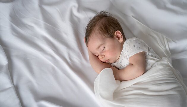 白いベッドの上でお昼寝する赤ちゃんのAI画像