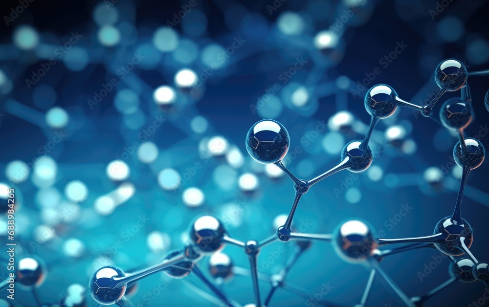 Poster close-up view of interconnected molecular structures against a blue background, highlighting the com
