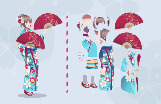 Anime manga girl cartoon characters for animation, motion design kit. Parts of body. Girl or geisha wearing Japanese kimono standing with handheld paper fan