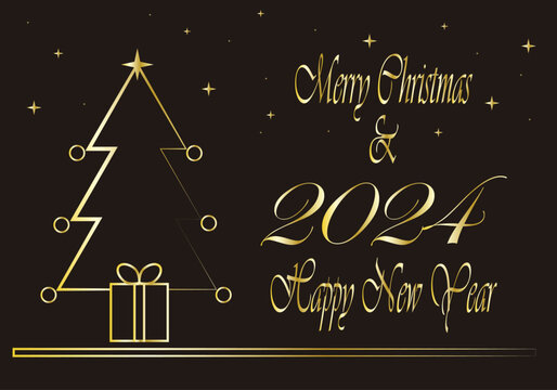 Christmas 2024. Felicitaci&oacute;n navide&ntilde;a 2024. Feliz Navidad y Feliz A&ntilde;o Nuevo 2024 en trazo dorado sobre fondo negro, con un &aacute;rbol de Navidad, estrella, un regalo, gurinaldas y estrellitas en el cielo