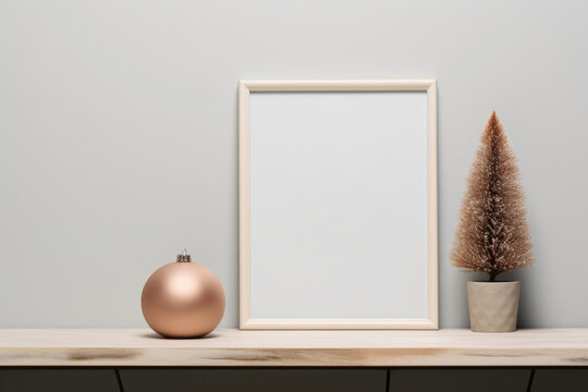 Empty photo frame border mock up on wooden table and pine tree decor. Minimal Christmas poster