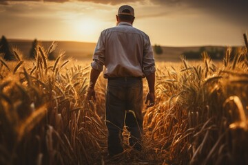 Senior male farmer looking at beautiful landscape in wheat field at sunset. AI Generative
