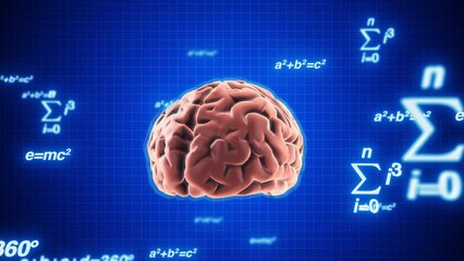 Animation of rotating brain and math formulas on blue background - Powered by Adobe
