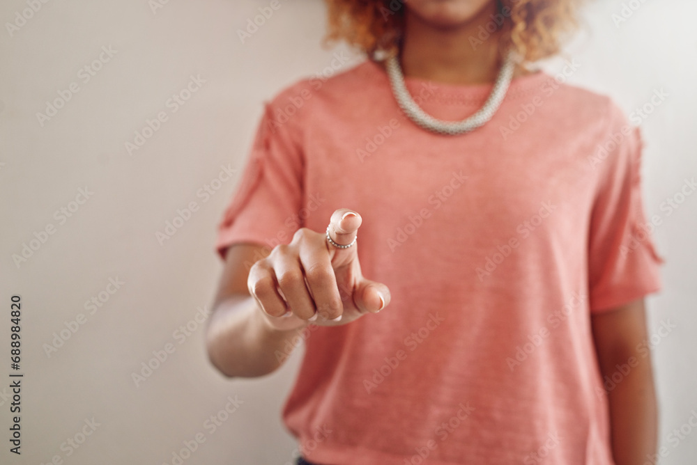 Poster woman, click or finger for user interface, ui system or login to internet access network or digital 