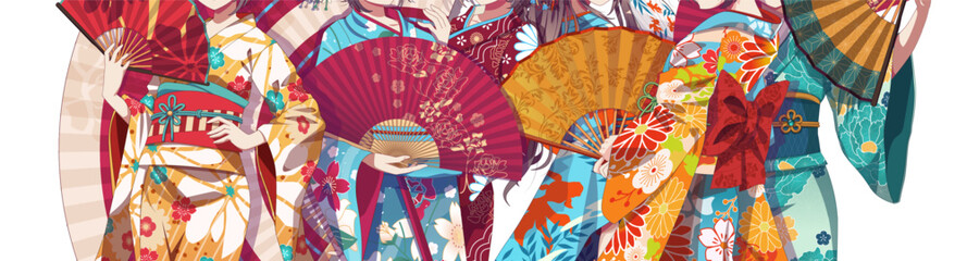 Group of anime manga girls in traditional Japanese kimono costume holding paper fan. Vector illustration on isolated background