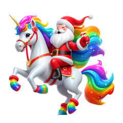Cute cartoon santa claus on unicorn celebrating christmas PNG, 3d render santa claus with sack of gifts riding on unicorn, Cute Santa unicorn png