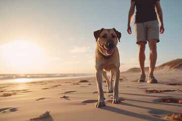  man against the background of a sunset on a lake or sea.  man on the background of the setting sun walks and plays with his dog in nature, the friendship of man. 