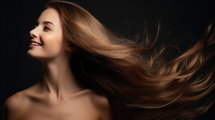 Naklejka premium beautiful hair woman with stylish hairstyle, happy with beauty products, hair shampoo or conditioner, perfect healthy lovely shiny hair, fashion, modern, beauty, makeup, model, cosmetics