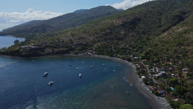 Drone point view of traditional boats at the beach at sunny day. High quality 4k footage