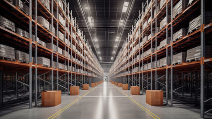 Fototapeta premium Inside Spacious Modern Industrial Commercial Facility Building Warehouse - Generative AI