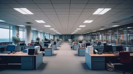 A gently blurred image of an empty open space office, highlighting the clean and organized environment conducive to productivity and focus.