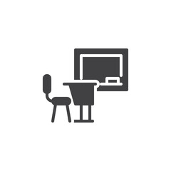 Classroom with desk chair and blackboard vector icon