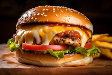 Delicious Chicken Cheeseburger with Cheese, Tomato and Lettuce. Generative AI