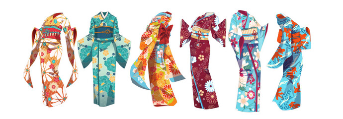 Set of traditional Asian, Japanese clothes kimono. Summer clothing - yukata. Vector illustration on isolated background