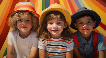 Happy cute little kids smiling on color background