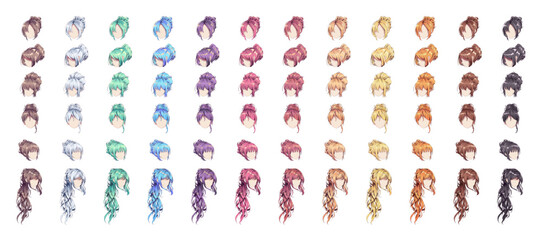 Anime manga multicolored hairstyles. Isolated hair wigs set - obrazy, fototapety, plakaty