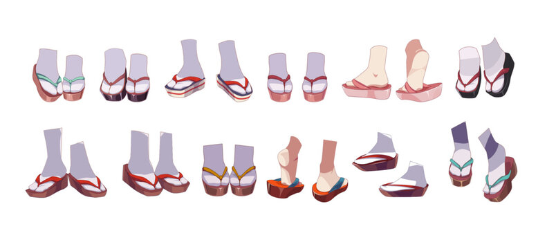 Japanese shoes - geta, zori. Sandles for girl kimono traditional costume. Set of feet in socks. Vector illustration