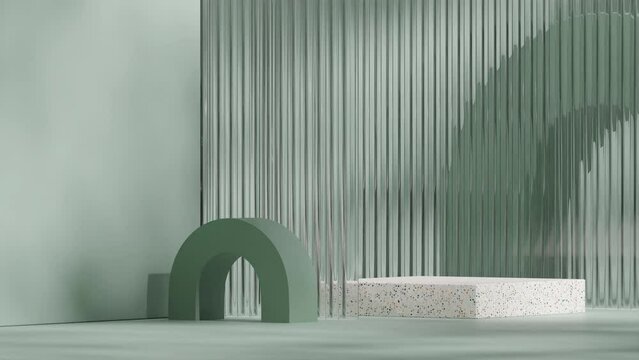 natural terrazzo podium looping seamless shadow animation with green glass translucent backdrop, 3d footage render mockup template