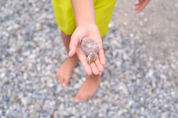 Small hand with pebbles against a blurred beach background. Represents the innocence of childhood curiosity in the natural world.