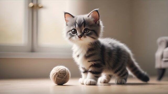 A kitten playing wool ball