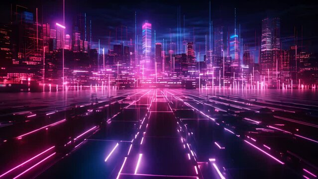Futuristic city skyline with dynamic neon grid lines and glowing lights