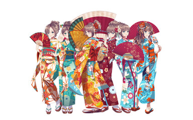 Group of anime manga girls in traditional Japanese kimono costume holding paper fan. Vector illustration on isolated background - obrazy, fototapety, plakaty
