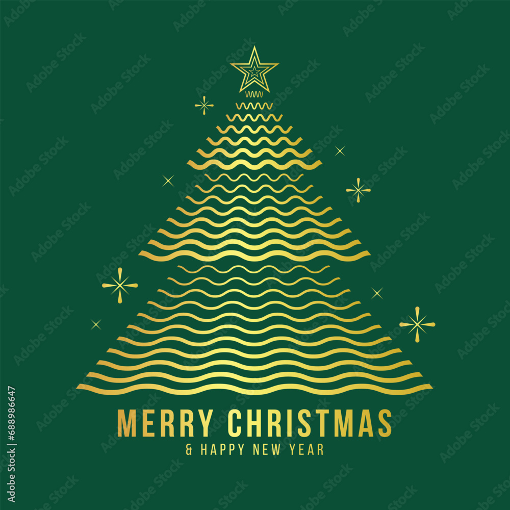 Poster merry christmas and happy new year - abstract gold lines curve wave to christmas tree shape with sta