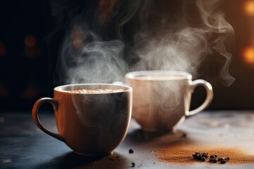 Fototapeta na wymiar Close-up shots of coffee mugs and steam rising, highlighting the sensory elements of the morning coffee ritual