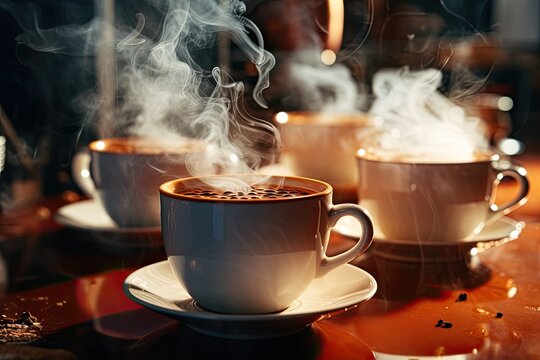 Close-up shots of coffee mugs and steam rising, highlighting the sensory elements of the morning coffee ritual