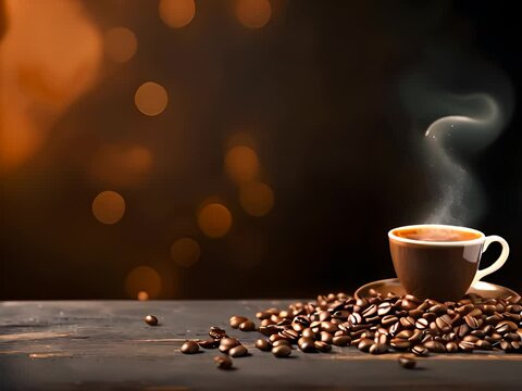 Coffee background. Top view. Cup of Coffee and coffee beans on a dark background with copy space