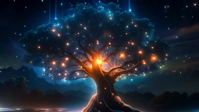 An ethereal mystical tree aglow with radiant lights