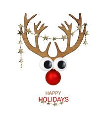 Funny Christmas deer and text Happy Holidays isolated on white or transparent background
