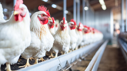 Poultry farm with broiler breeder chicken. Husbandry, housing business for the purpose of farming meat. Chicken for meat, egg production inside storage.
 - obrazy, fototapety, plakaty