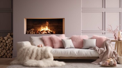 Fototapeta na wymiar White sofa with pink pillows and fur and woolen blankets near fireplace. Scandinavian hygge home interior design of modern living room
