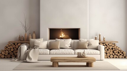 Fototapeta na wymiar Wood slab coffee table, sofa with beige pillows near fireplace against white wall with copy space. Scandinavian home interior design of modern living room